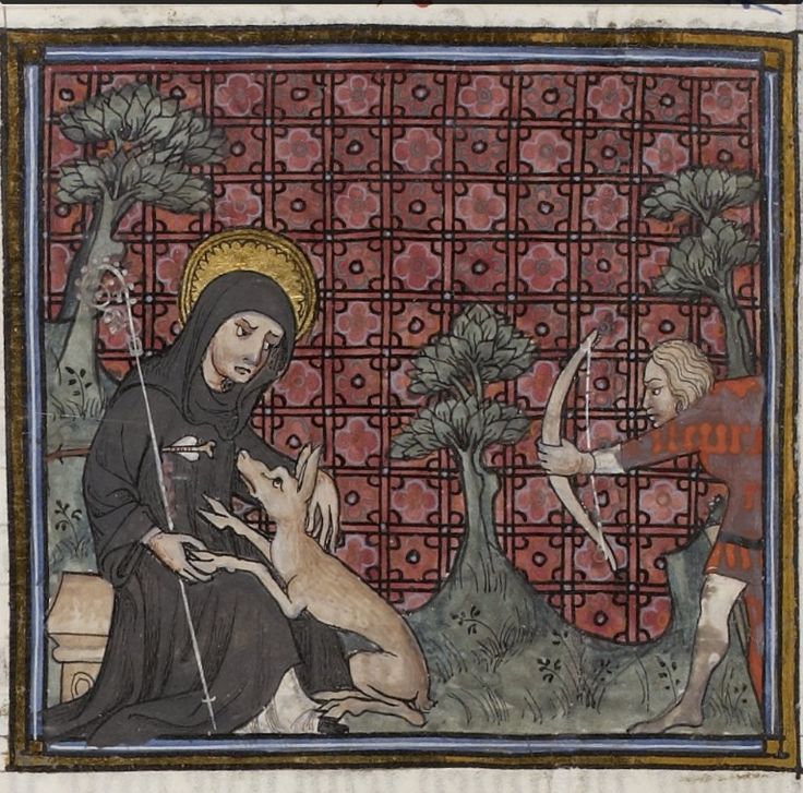 St Giles and his companion deer. Vincent de Beauvais, Miroir Historial, traduction française par Jean de Vignay. vol. VI. Livres XXI-XXIV; Fol. 157v. 1370-1380.