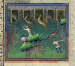 "Laying Hedges for Catching Game" from Gaston Phoebus's Livre de la chasse, ca. 1407; MS M. 1044 (fol. 92)